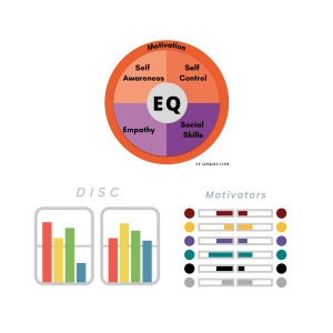 TriMetrixEQ measures three sciences which are portrayed in this diagram with the EQ wheel on top, two DISC graphs on bottom left and the 12 Driving Forces bar chart for motivation on lower right