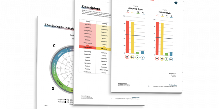 Three pages from the DISC behavioral report are overlaid with colorful views of the natural and adapted behavior graphs and two other pages