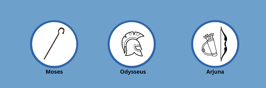 Three idons are in a row: Moses' staff, Odysseus' Greek helmet, and Arjuna's bow and quiver of arrows representing classic leadership stories