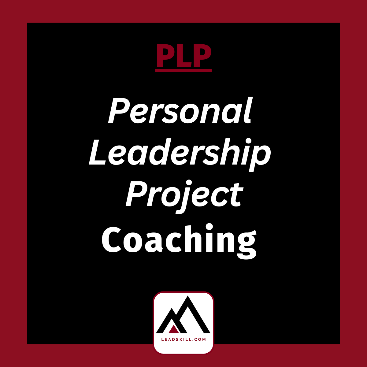 Personal Leadership Project Coaching in white letters on a black background with icon of Leadskill and a burgundy colored border
